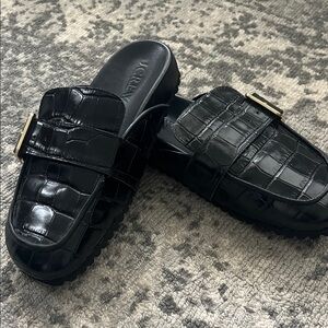 J. Crew Black Croc-Embossed Mules